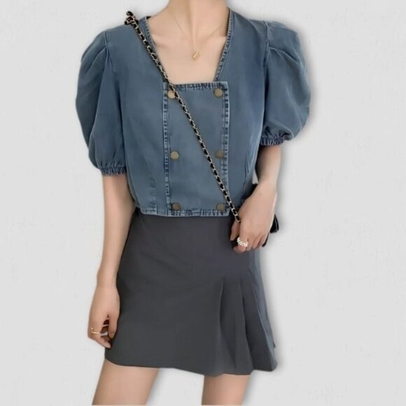 Cenzo Denim Cropped Top Puff Sleeve Light Blue - Size 8 - Picture 1 of 11